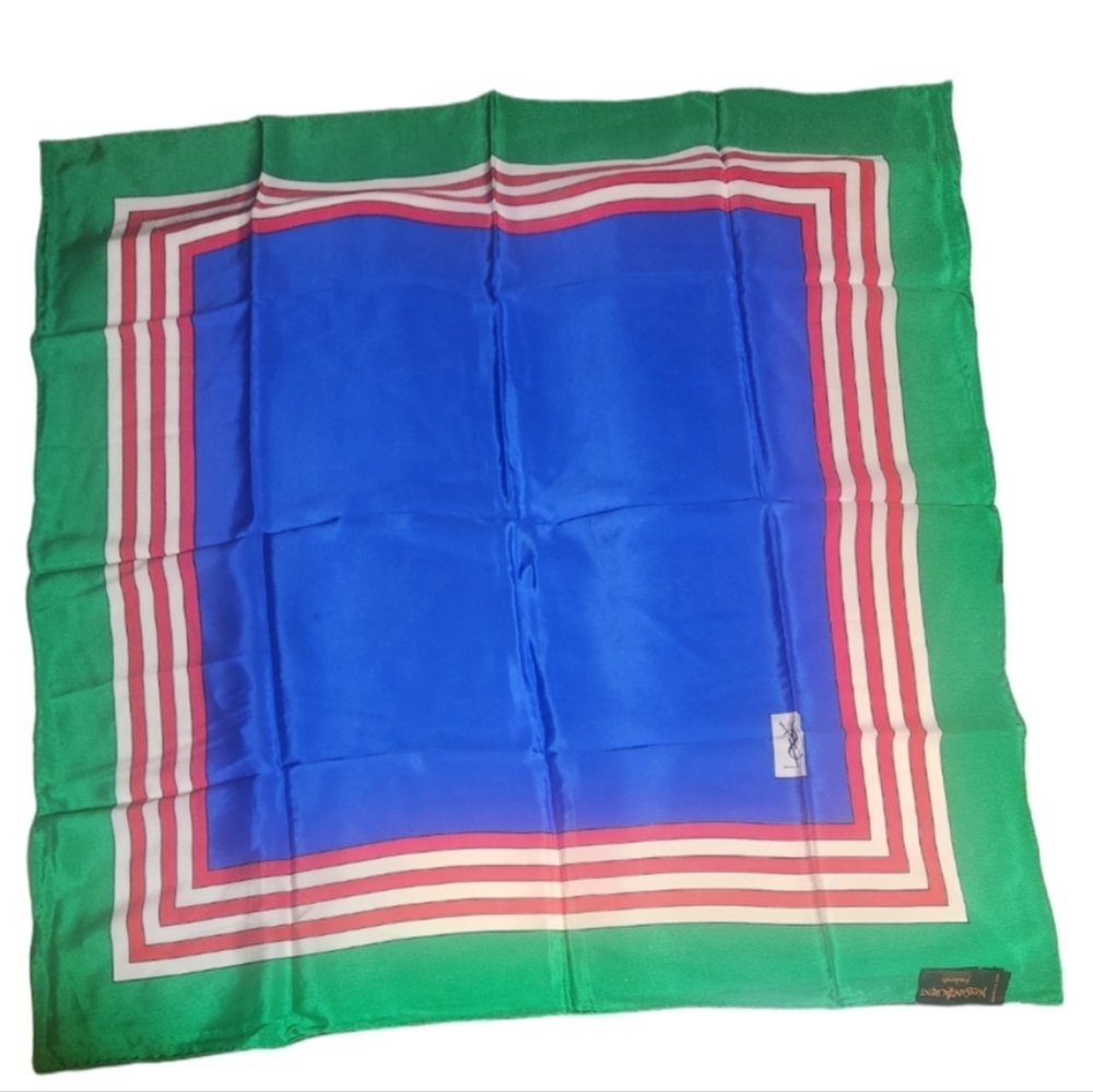 Yves Saint Laurent Vintage Green and Black Silk Logo Scarf - Picture 8 of 8